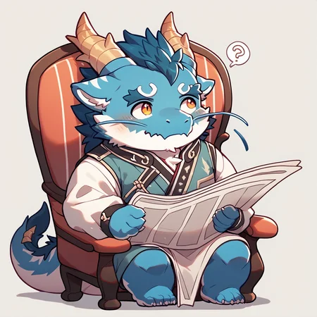 score_9,score_8 up,score_7 up,score_6 up,score_furry,hi res,
qinglong,chibi,cute,anthro,dragon,flesh whiskers,japanese clothing topwear,male,solo,horn,full body,tomreadingthenewspaper,skeptical,(??:1.2),chibi,(cute:1.1),Emote,sitting,newspaper,chair,reading,overweight,blue body,bottomwear,overweight male,fur,clothed,kemono,blue fur,white body,<lora:Meng_zhang_XL_Pony-000010:0.8>,<lora:NijiEmotePDXL:0.7>,<lora:TomReadingTheNewspaper_XLPD:1>,