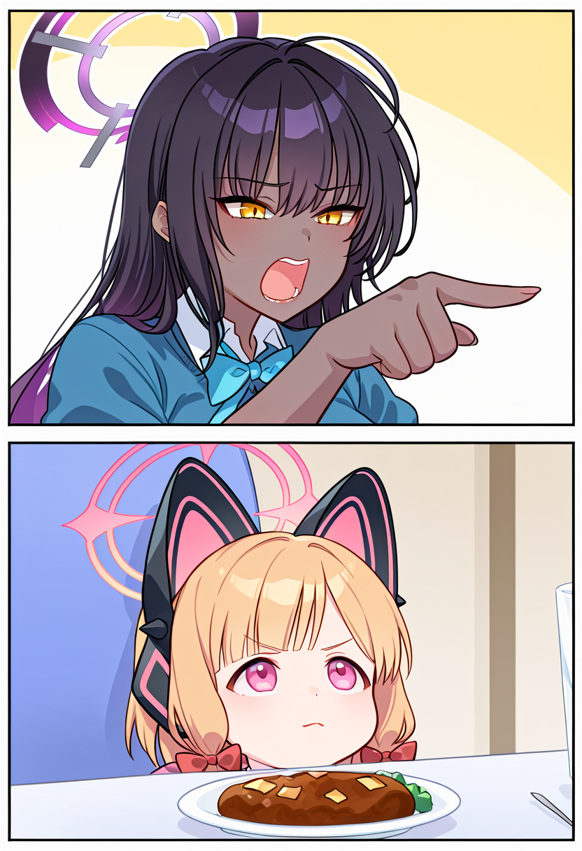 masterpiece, best quality, absurdres, woman_yelling_at_cat_(meme), comic, 2koma, 2girls, 
BREAK
1girl, karin \(blue archive\), pointing, pointing at another, 
BREAK
1girl, momoi \(blue archive\), looking up, upper body, closed mouth, food, table,
 <lora:Woman_yelling_at_cat_meme:1>