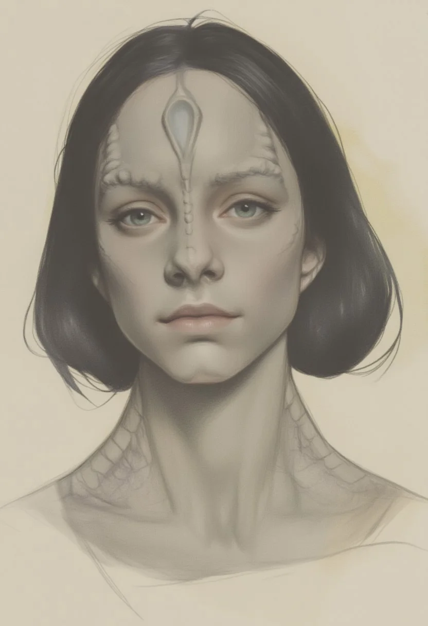 OBxiaoxiang,
This image is a digital illustration featuring a young female Cardassian alien with gray skin, forehead crest, neck ridges and scales, and black hair.
The style of the illustration is realistic with a soft, painterly quality, characterized by smooth transitions and a gentle blending of colors. The artist has used subtle shading and highlights to create a three-dimensional effect, enhancing the realism of the subject. The overall mood of the image is introspective and contemplative, capturing a moment of quiet reflection.