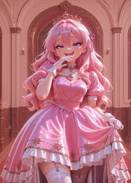 DisneyStudioXL, 1girl, CivChan, pink hair, purple eyes, noblewoman, long hair, wavy hair, hair between eyes, hair ribbon, masterpiece, best quality, absurdres, cartoon, cinematic,
pink princess, dress, pink dress, glitter dress, puffy short sleeves, puffy sleeves, short sleeves, gloves, white gloves, hand jewel, white thighhighs, lace-trimmed thighhighs, garter straps, lace, glitter, sequins, gem-studded, gold trim, crown, gem, brooch, earrings, jewelry, 
lipgloss, eyelashes, eyeshadow, eyeliner, mascara, makeup,
indoors, ballroom, castle, buffet,
solo, cowboy shot, straight-on, standing, ojou-sama pose, laughing, smug, hand to own mouth, open mouth, skirt hold,
intricate, highly detailed, majestic