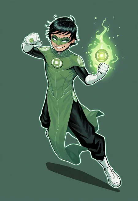 masterpiece, absurdres, high quality, perfect anatomy, 1boy, solo, cute boy, male focus, TaiPham, Black Hair, Green Lantern Ring, Green Lantern Costume, Green and Black Bodysuit, Green Domino Mask, White Eyes, White Gloves, Pelvic Curtain, Black Pants, White Shoes, Glowing Green Outline, Green Energy Aura, floating, levitating, big smile, cinematic, intricately detailed illustration, depth of field, masterpiece, best quality, amazing quality, very aesthetic, absurdres, newest, very awa,  shadow, dynamic angle, casual cosplay, dynamic pose, simple background, green theme