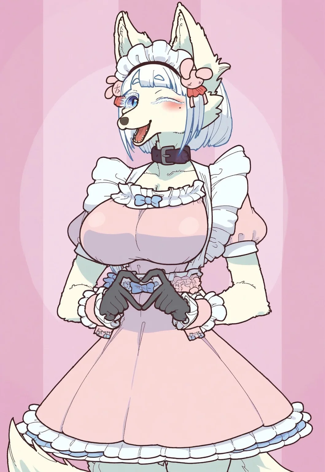 safe_pos, safe_pos, score_9, score_8_up, score_8. score_9, score_8_up, score_7_up, score_6_up, masterpiece, 4k, high quality, (best quality:1.1), ExpressiveH,
BREAK
1girl, dress, breasts, wrist cuffs, collarbone, happy, puffy sleeves, mole under eye, blue eyes, wink, one eye closed, looking at viewer, facing viewer, front view, smile, fox ears, open mouth, frills, body fur, furry female, animal nose, pink dress, black glooves, hearts, heart fingers, narrow shoulders, ((heart hands)), tail, white hair, blue hair, blunt bangs, furry, animal ears, huge breasts, standing, hip tilt, (from chest up), bouncing breasts, pink background, portait, cute, blushing