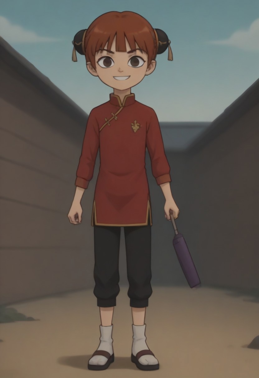 score_9, score_8_up, score_7_up, 1girl, solo, Fiore_DC, light skin, brown eyes, red hair, short hair, Double bun, bun cover, black bun cover, bangs, white socks, sandals, Chinese clothes, China dress, red cheongsam, long sleeves, black pants, big eyes, young, petite, small body, short body, child, flat chested, social smile, perfect eyes, perfect smile, looking at the viewer, detailed eyes, perfect eyes, standing, five fingers, perfect hands, holding open parasol over head, purple parasol, high-tech oedo town, blue sky, daytime, good weather, nice