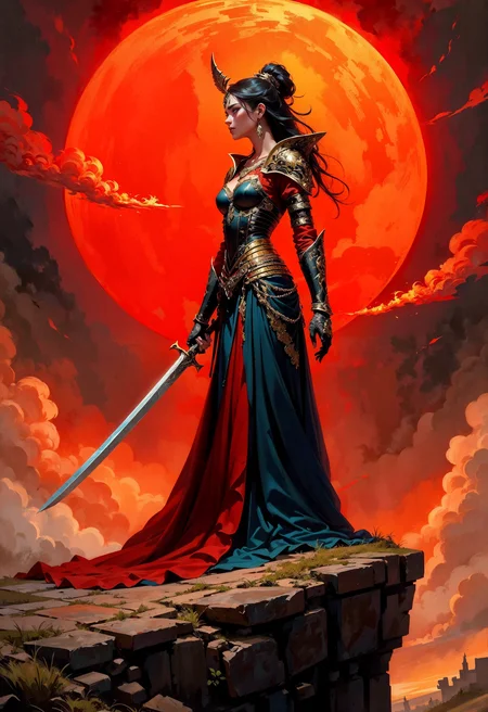 alieffp_style, high quality, masterpiece, BREAK A female warrior-poet clad in ornate ceremonial armor, standing atop a cliff overlooking a battlefield with a blood-red sky, depicted in a style with bold brushstrokes, intense contrasts, and dynamic compositions, BREAK illuminated by the fiery glow of a setting sun, Painterly Romanticism Style, focusing on dramatic, emotional intensity and vivid contrasts between light and shadow, (elaborately detailed attire with extraordinary elements:1.1), (hyperdetailed:1.1), (intricate details:1.0), (Refined details:1.1), (best quality:1.1), (high resolution:1.2)