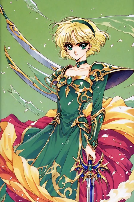 score_9,score_8_up,score_7_up,masterpiece,best quality,very aesthetic,absurdres,official art,official style,
Hououji Fuu,1girl,sword,weapon,solo,green armored dress,armor,short hair,hairband,blonde hair,green eyes,dress,choker,up body,retro artstyle,1990s \(style\),wind,green background,
<lora:Magic knight Rayearth_XL_PONY:0.8>,