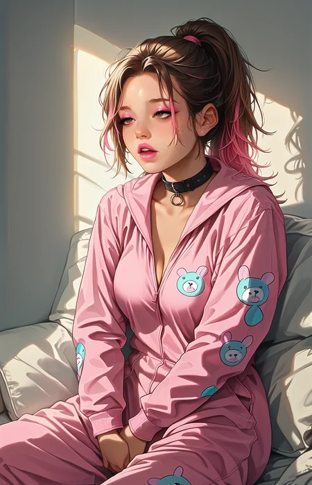 score_9,score_8_up,score_7_up, perfect hands, detailed background, smooth skin, detailed background, ukiyo-e, shiny skin, tiny leather couch, sitting, hand in onesie, masturbate, wide shot, printed onesie,
(1 female), brown hair, pink highlights, high ponytail, detailed hair, large breasts, pale pink lipstick, detailed brown eyes, pink glossy eyeshadow, elongated Eyeliner, leather collar, parted lips
<lora:add-detail-xl:1> <lora:CORE:1> <lora:GarvGirlsPony:1> <lora:Eyes:00.5> <lora:S1_Dramatic_Lighting_v2:0.7> s1_dram