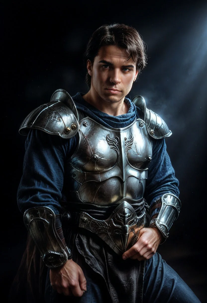 realistic, dark theme, low light, 1boy, solo.
fit body, DFMale, Male Knight, Armor.