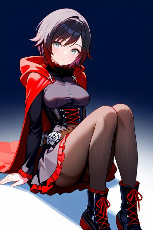 masterpiece, High quality, Ultra detailed, 2d, newest, absurdres, highres, BREAK
1girl, solo, <lora:ruby_rose:0.8>, ruby_rose_(ruby), short hair, black hair, multicolored hair, grey eyes, 
medium breasts, rosedef, long sleeves, black dress, corset, belt, rose, skirt, frilled dress, pantyhose, black footwear, cross-laced footwear, hooded cloak, red cape, 
full body, sitting,