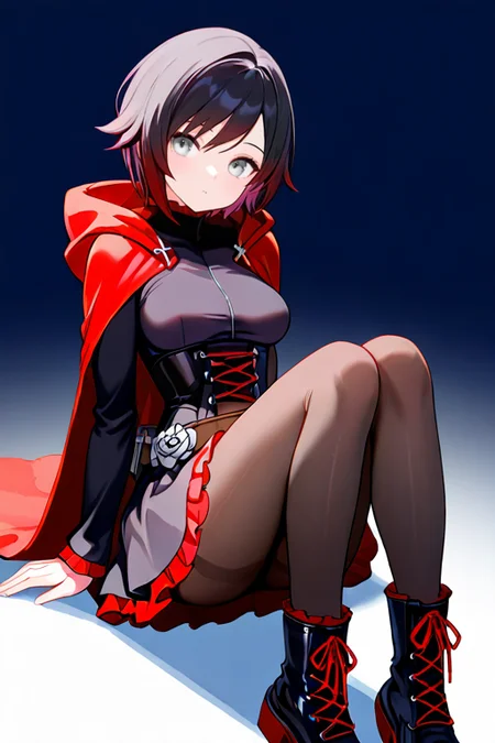 masterpiece, High quality, Ultra detailed, 2d, newest, absurdres, highres, BREAK
1girl, solo, <lora:ruby_rose:0.8>, ruby_rose_(ruby), short hair, black hair, multicolored hair, grey eyes,
medium breasts, rosedef, long sleeves, black dress, corset, belt, rose, skirt, frilled dress, pantyhose, black footwear, cross-laced footwear, hooded cloak, red cape,
full body, sitting,