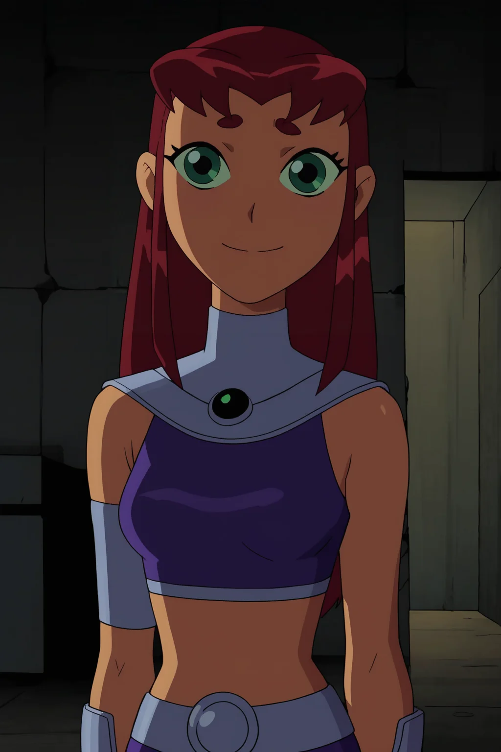 score_9, score_8_up, score_7_up, score_6_up, score_5_up, score_4_up, BREAK, <lora:StarfireOG:.9>, 1girl, Koriand'r, red hair, green sclara, purple crop top, purple miniskirt, purple thigh boots, gorget, vambraces, closed mouth, smiling