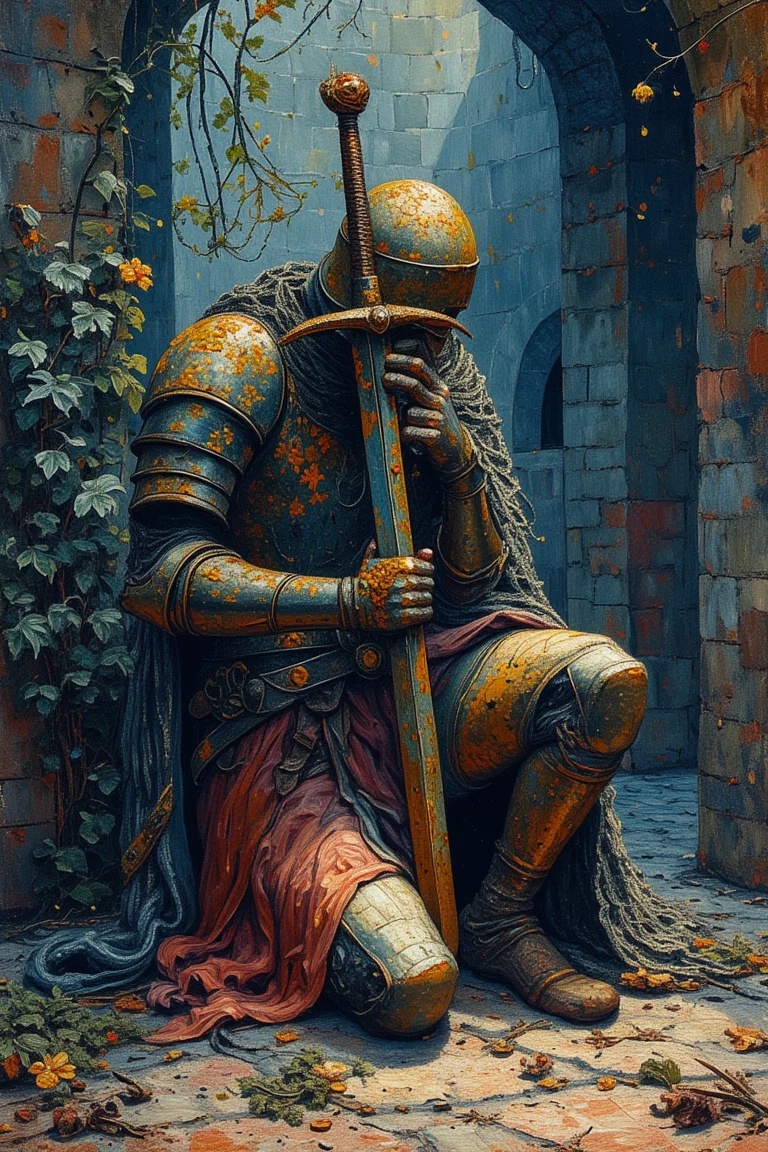 stylised depiction, dark shadows, watercolor painting, brush strokes, ink art, ink strokes, mixed medium, no outlines, An ancient defeated knight on one knee one hand on knee and the other hand on a rusting sword overgrown by vegetation with a flower growing from her sword, helmet, covered face, moss, lush vegetation, ancient altar, protecting her queen to the very end,vines growing in the holes on the helmet's visor, long destroye kingdom, red theme, fully armored, blue theme, templar, decaying cape, decay, rust, queen lying in a glass coffin in the background,style of Paul Signac,style of Alice Provensen,ncg