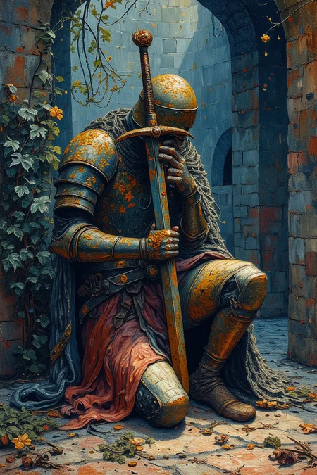stylised depiction, dark shadows, watercolor painting, brush strokes, ink art, ink strokes, mixed medium, no outlines, An ancient defeated knight on one knee one hand on knee and the other hand on a rusting sword overgrown by vegetation with a flower growing from her sword, helmet, covered face, moss, lush vegetation, ancient altar, protecting her queen to the very end,vines growing in the holes on the helmet's visor, long destroye kingdom, red theme, fully armored, blue theme, templar, decaying cape, decay, rust, queen lying in a glass coffin in the background,style of Paul Signac,style of Alice Provensen,ncg