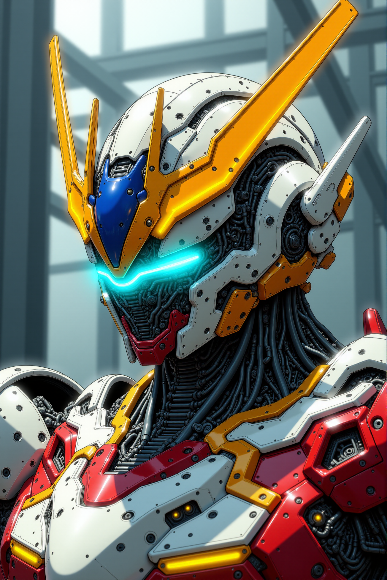 <lora:Mecha_Anime_style_v.1:0.8> A towering mecha bust rendered in ultra-detailed anime realism, its head crowned with sharp, radiant fins and forward-swept V-antennae glowing with a diffused golden hue, bathed in rim-lit reflections and iridescent atmospheric light. The layered armor surfaces shimmer with photorealistic metal flake textures and polished enamel finishes in a dynamic triadic color schemeâpearl white, cobalt blue, and crimson redâinterlaced with reactive lighting strips and micro-panel vents. The mecha's intense, angular faceplate narrows into a mechanical jawline, its twin eye sensors burning with radiant azure energy. Subsurface scattering and complex light refraction effects emphasize translucent visor shielding and hyper-technical fiber-weave beneath the armor. Close-up camera framing captures shoulder struts and exposed actuators with cinematic depth of field, while HDR lighting and soft particulate bloom give the entire structure an ethereal, godlike presence against a blurred industrial backdrop.