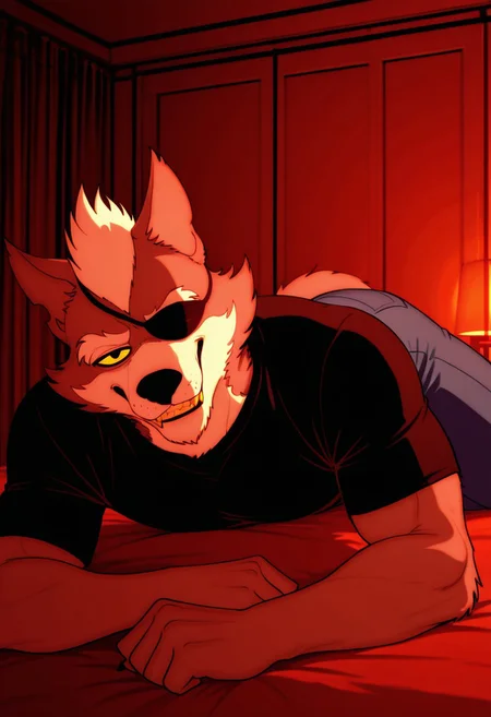 masterpiece, best quality, amazing quality, very aesthetic, absurdres, newest, high quality, detailed, male, solo male, WolfgangSeamus, broad shoulders, mature male, black eyes, yellow sclera, athletic build, animal ears, wolf, scruffy, anthro male, gray fur, eyepatch on left eye, black shirt, flexing, indoors, grinning, smug, laying down, looking at viewer, on bed, dim lighting, evening, red (theme), blue jeans, thick thighs