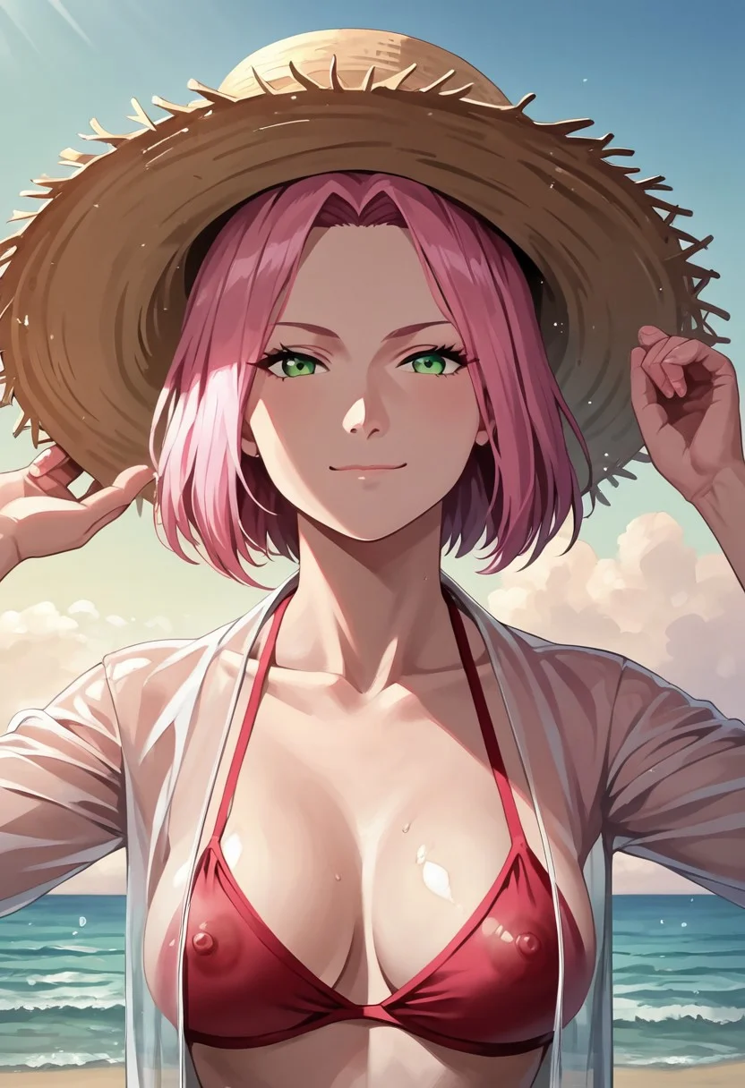 Sakura Haruno, solo, 1girl, green eyes, short pink hair, parted bangs, forehead protector, beach background, detailed hair, detailed face, looking at viewer, sexy, cute, pink hair, swimsuit, red bikini, hat, green eyes, short hair, straw hat, looking at viewer, standing, see-through jacket , hand on headwear, transparent hood, sun hat, medium breasts, closed mouth, medium breasts, smile, transparent jacket, transparent jacket, closed mouth, calm, cute, sexy, beutiful, pretty, solo, sexy, seductivly looking at viewer, seductive, close up, perfect face, expressive eyes, shiny oiled skin, smooth lineart, smooth shading, smooth, soft, soft skin, smooth skin, beautiful eyes, perfect face, perfect, score_9,score_8_up,score_7_up,score_9,score_8_up,score_8,ultra detailed,beautiful face,beautiful hands,detailed background,detailed face, 4k,HD,8k,highres,antialiasing,rating _explicit, 1girl, solo,looking at viewer, anime screencap ,[cinematic lighting:0.5],caustic lighting,official art, surreal, (high quality, detailed, beautiful), detailed beautiful eyes, outstanding, countershading, detailed soft lighting, <lora:xl_more_art-full_v1:0.4> <lora:add-detail-xl:0.4> <lora:Expressive_H:0.3> Expressive, body, perfect face shape, perfect mouth, perfect hair, perfect eyes, perfect nose, perfect mouth, perfect body,  serious, mature, close up, serious, annoyed, sexy, nipples pointing from bikini