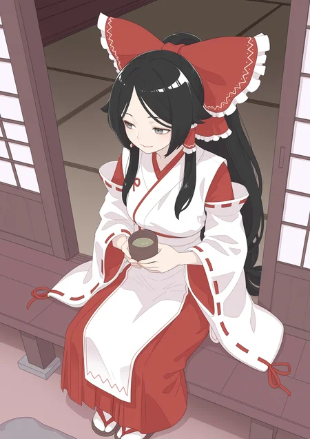 <lora:fdshakureimiko-000009:1>, fdshakureimiko, large_bow, red bow, hair_tube, white kimono, red hakama, ribbon trim, ribbon-trimmed sleeves, zouri, black hair, grey eyes, hakurei shrine, doorway, sitting, holding_cup, (nishiii26miii, kuya_(hey36253625):0.7), <lora:Artist_Kawayabug_art_style-000002ãkawayabug styleã:0.4>, kawayabug style, <lora:Anterdel_IL:0.4>, anterdel,