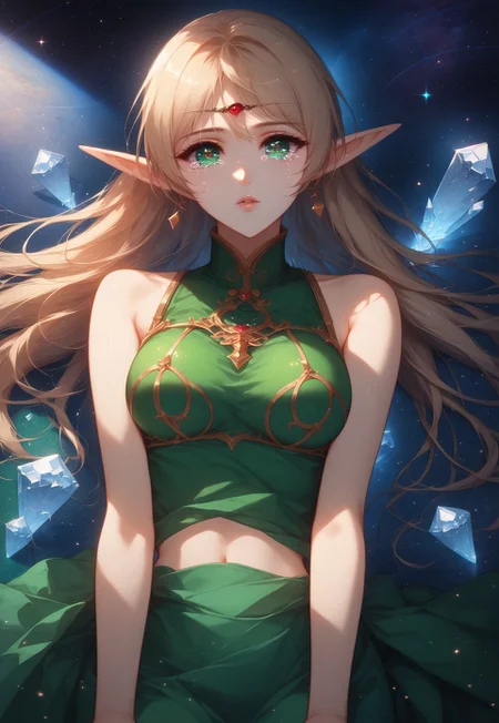 safe_pos, score_9, score_8_up, masterpiece, ultra detailed,cinematic light,35mm film,eyesHD,high gradient eyes,detailed eyes,high definition eyes,beautiful hair, beautiful face,pretty face,pretty body,detailed face,(pure face: 0.8),(pure skin: 0.8),beautiful skin,shiny skin,Expressiveh,dramatic shot,live frame,1girl,solo,deedlit,circlet,sleeveless green tunic, bare shoulders, sword,midriff,(tears: 1.1),sensual,tender,romantic,lips,parted lips,lying on back,cowboy shot,(view from above: 1.2),(dramatic pose: 1.1),crystal floor,(transparent floor: 1.1),(space background: 1.1)
