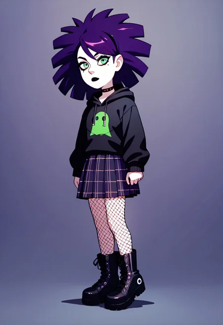 score_9, score_8_up, score_7_up BREAK JaniceCS, dark purple hair, green eyes, pale skin, black eyeliner, black lipstick, black hoodie, pleated plaid purple skirt, fishnet stockings, black combat boots, spiky wristbands, full body, solo, solo focus,