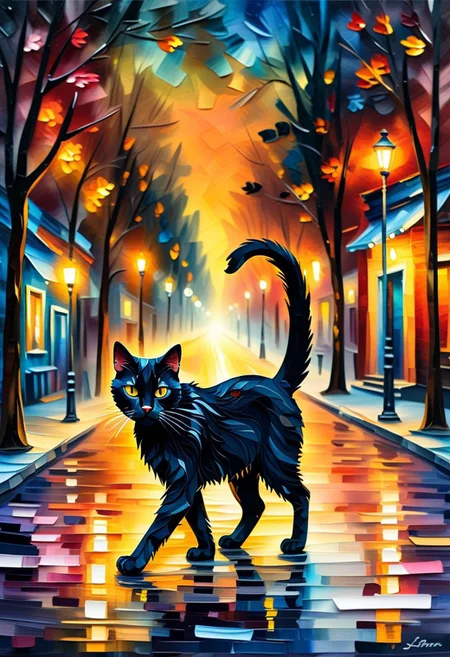Masterpiece mix of paper quilling, layered paper and painting in the style of Leonid Afremov. Highly detailed illustration of a black cat wandering in an empty modern street at night, devoid of any human presence.