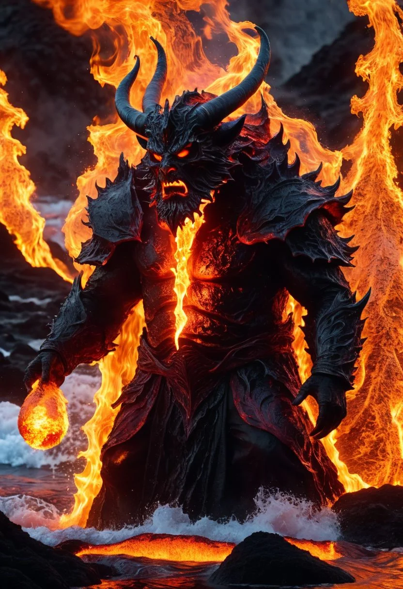ferrous fire breathing, ghoulish, ghastly horned elemental in a hellish fiery lava filled environment. decimating everything in rage all around it while in the foreground A single wizard figure is using magic sand water spells to manipulate water to shield himself and extinguish fires and battle the beast. detailed, 4k, sharp, 200mm lens, OverallDetailXL