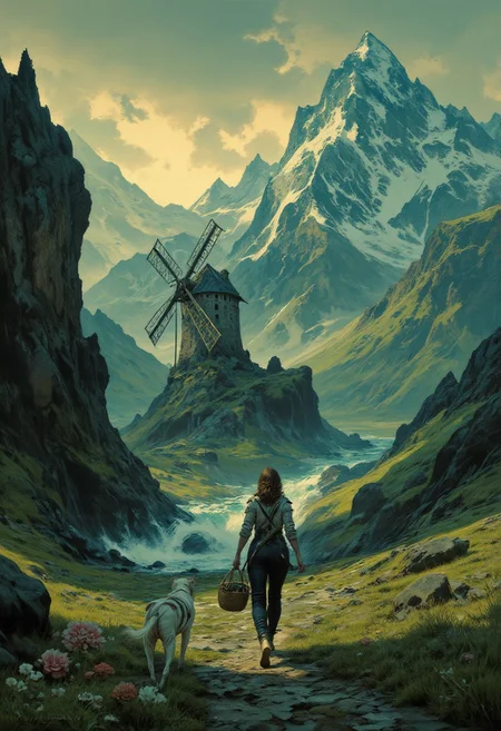 8k high quality digital painting , masterpiece, very detailed, ultra realistic, (best quality) very detailed epic masterpiece,
unearthly beautiful, a breathtakingly beautiful landscape in the French Alps, in the foreground a woman carries a basket under her arm to a windmill on a path, a dog follows her, the low sun casts long shadows, enchanting landscape, fairytale-like, calm romantic mood, flowers in the foreground, realistic