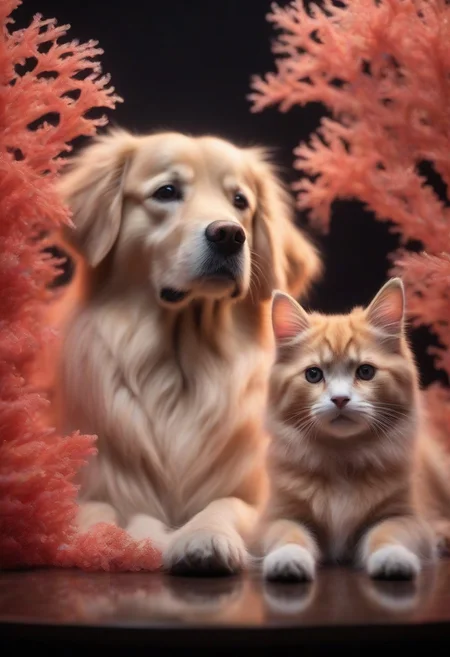 A cute golden retriever next to a cute calico cat, cat and dog made of coral, (both made of coral), realistic fantasy, good composition, soft lighting, bokeh