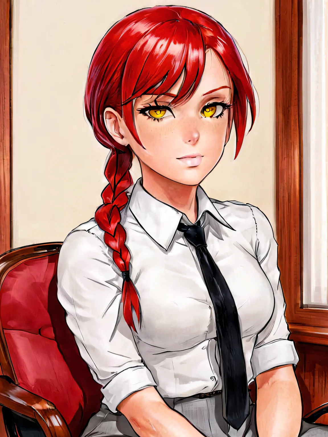 makima, braided ponytail, red hair, yellow eyes, collared shirt, black necktie, indoors, office, sitting, resting in a chair, big black pupils, <lora:makima_loraxl:0.4>, <lora:Dogan_Style:0.6>