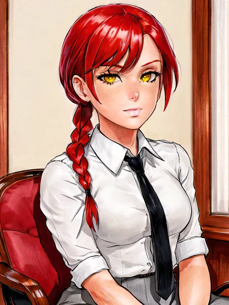 makima, braided ponytail, red hair, yellow eyes, collared shirt, black necktie, indoors, office, sitting, resting in a chair, big black pupils, <lora:makima_loraxl:0.4>, <lora:Dogan_Style:0.6>