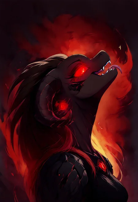 score_9, score_8_up, score_7_up, (4k quality, high resolution, additional details), <lora:Dark_Aura_for_Pony:1> dark aura, 1 girl, female dragon, anthropomorphic dragon, bald, full body, in full growth, realistic anatomy, wearing black armor with a gold pattern, <lora:Eagle_grabPony:1> eagle grab armor, black demonic wings on his back, female, black scales, predatory fiery red eyes (detail), vertical pupil, narrow pupil, black tears, four black horns on the head, (medium breast, natural breast), scales in cracks, (head tilt), head tilted back, <lora:shaft_head_tilt-PD-1.0:1>, shaft head tilt, open mouth, abstract background, glowing eyes, fangs, grin, tongue out, snake tongue, gloomy colors, dark aura, horror