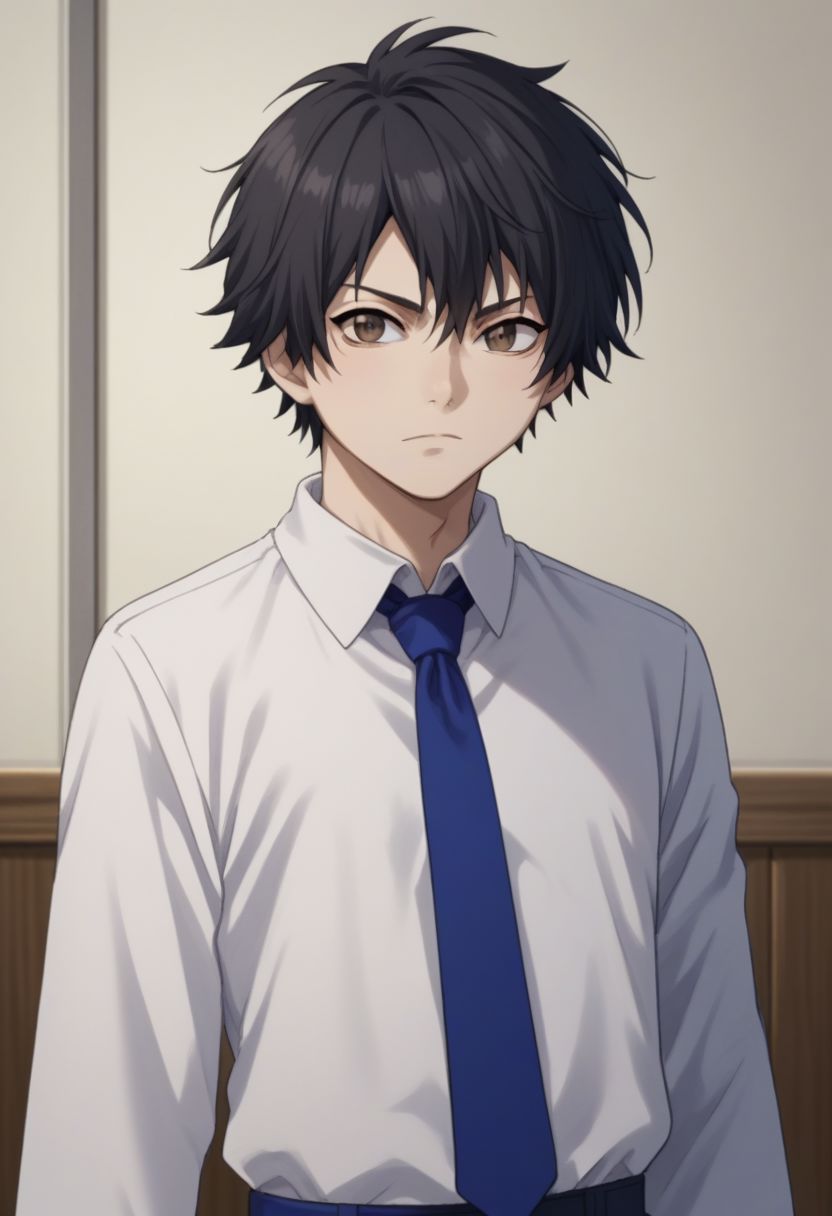 score_9, score_8_up, score_7_up, source_anime, highly detailed, 
zazie, 1boy, male_focus, solo, black hair, short hair, brown eyes, shirt, blue necktie, upper body,
indoor,