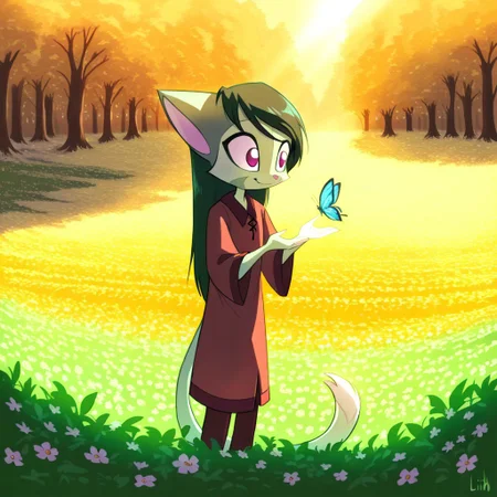 score_9, score_8_up, score_7_up,lilith_calah,
1girl,solo,furry,tail,dark green hair, source_furry,
,<lora:lilith_calah_illustrious:0.8>,
child, kid,
butterfly, reaching out, outdoors, spring, flowers, smiling, gentle breeze, warm colors, soft shading, dreamy, nature, stands in a flower-filled meadow, reaching out with both hands to gently catch a butterfly. Her expression is full of wonder as the tiny creature flutters just beyond her grasp, bathed in soft sunlight