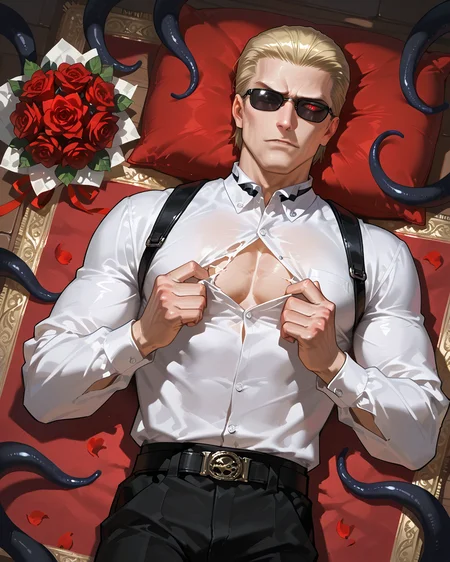 PonyScores7, source_anime, ah1
BREAK <lora:albertwesker-guy-PONYv1:0.8> albertwesker, albert wesker, 1boy, blonde, (sunglasses:1.3), looking at viewer, toned, athletic, fit, slicked back hair, mature male, short hair, (lying bed, <lora:RippingclothesV2:0.4> ((rippingownclothes, hands holding clothes, torn clothes, hands on clothes, ripped clothes, ripping clothes))), (<lora:Indian_First_Night_Bed:0.3> bed, pillow, flower, heart, petals, rose, red flower, carpet, bouquet, red rose, rose petals, ornaments,), ((Apprehensive expression)), (focused, intense glare), (reddish orange eyes, slit pupils), (angular face, sharp_featured face), handsome, charming, alluring,  <lora:MC_superhuman:0.2> ((black tentacles, black tendrils))
BREAK <lora:xl_more_art-full_v1:0.2>, <lora:shinyskin2:0.2> glistening skin, <lora:aesthetic_anime_v1s:0.2>, <lora:Expressive_H:0.2> Expressiveh, <lora:hairdetailpxl:0.2> hairdetailpxl, <lora:EpicF4nta5yXL:0.2>, <lora:detailxl:0.2> detailxl, <lora:Fant5yP0ny:0.2>, best quality, amazing quality, best aesthetic, absurdres, <lora:expressive eyes:0.2> expressive eyes, <lora:eyedetailpxl:0.2> eyedetailpxl, illustration, Volumetric_Lighting, ultra-detailed, very aesthetic, intricate details, 8k, masterpiece, best_quality
BREAK (Eye-level angle (from the side) view Extreme Close shot)
BREAK <lora:Eyes_High_Definition:0.3> EyesHD, Stable_Yogis_PDXL_Positives, AS-Adult, <lora:Complicated fantasy portrait - XL Pony V2.0:0.4>, bad-hands-5, AS-MidAged,