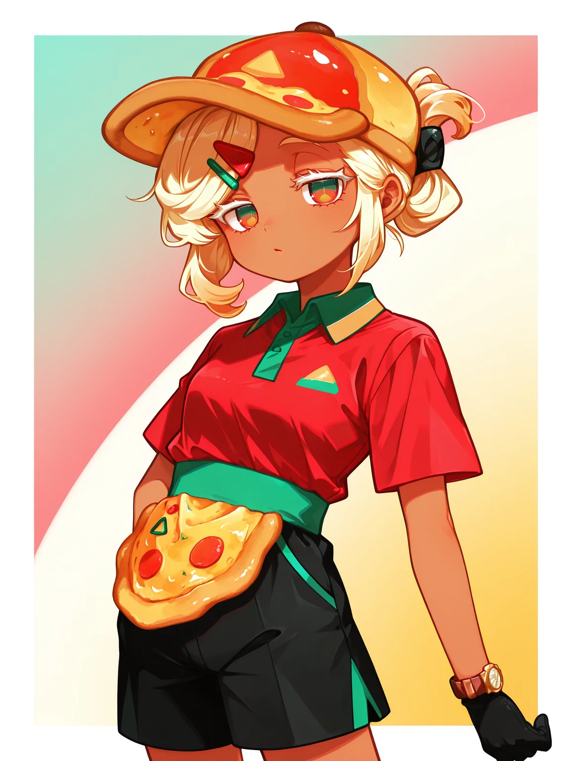 <lora:PizzaCR2XL:1>, PCo_CR, 1girl, dark skin, red two-tone collared shirt, black shorts, medium hair, pizza hat, black gloves, hairclip, short sleeves, polo shirt, pizza apron, folded ponytail, two-tone eyes, wristwatch,
<lora:cfg_scale_boost:0.5> [lazypos], inset border, cowboy shot, looking at viewer, gradient background, <lora:spo_sdxl_10ep_4k-data_lora_webui:0.4> <lora:retrocute:1>, dynamic pose, white eyelashes, <lora:omoyunakyu715-_style_Illustrious:0.3> omoyu_nakyu715, bored,
