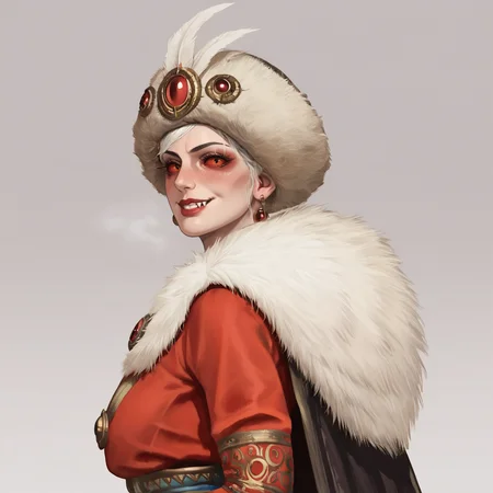 score_9, score_8_up, score_7_up, source_anime, 2d, anime,
UlrikaMagdova, solo, mature woman, voluptuous, red sclera, vampire,
looking at viewer, blush, seductive smile,
hat, cape
expressive, 
<lora:Ulrika_Magdova_PonyXL:1>
