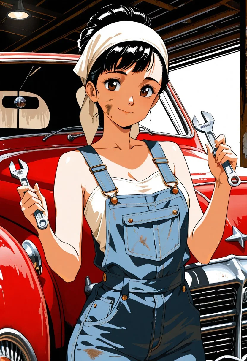 (masterpiece, best quality, ultra-detailed:1.3), RAW photo, 8K UHD,
1girl, grease smudge on cheek, bandana hairstyle, denim overalls,
[Classic car garage, 1950s Chevrolet], [holding wrench, proud smile],
dramatic workshop lighting, metal textures