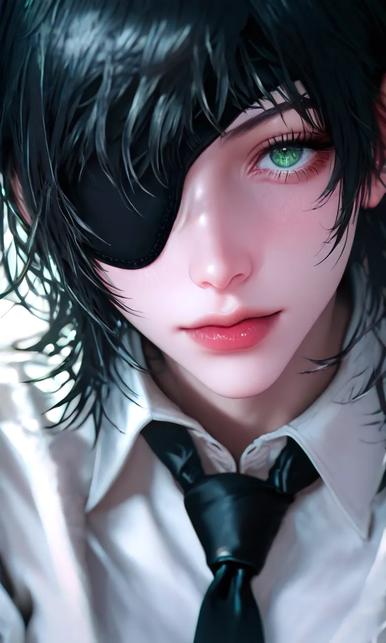 (score_9, score_8_up, score_7_up, score_6_up), a close up of a girl in a black tie, eye patches and a white shirt, 1girl, solo, shirt, necktie, looking at viewer, black hair, eyepatch, white shirt, black necktie, collared shirt, himeno (chainsaw man), blood, blood on clothes, one eye covered, green eyes, pale skin
