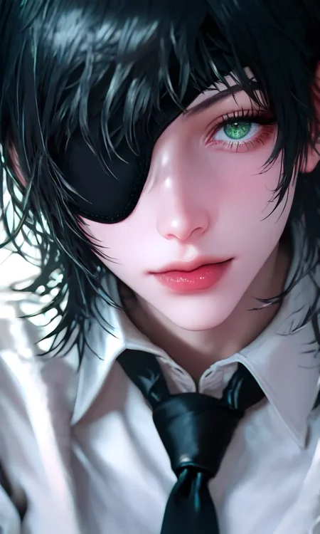 (score_9, score_8_up, score_7_up, score_6_up), a close up of a girl in a black tie, eye patches and a white shirt, 1girl, solo, shirt, necktie, looking at viewer, black hair, eyepatch, white shirt, black necktie, collared shirt, himeno (chainsaw man), blood, blood on clothes, one eye covered, green eyes, pale skin