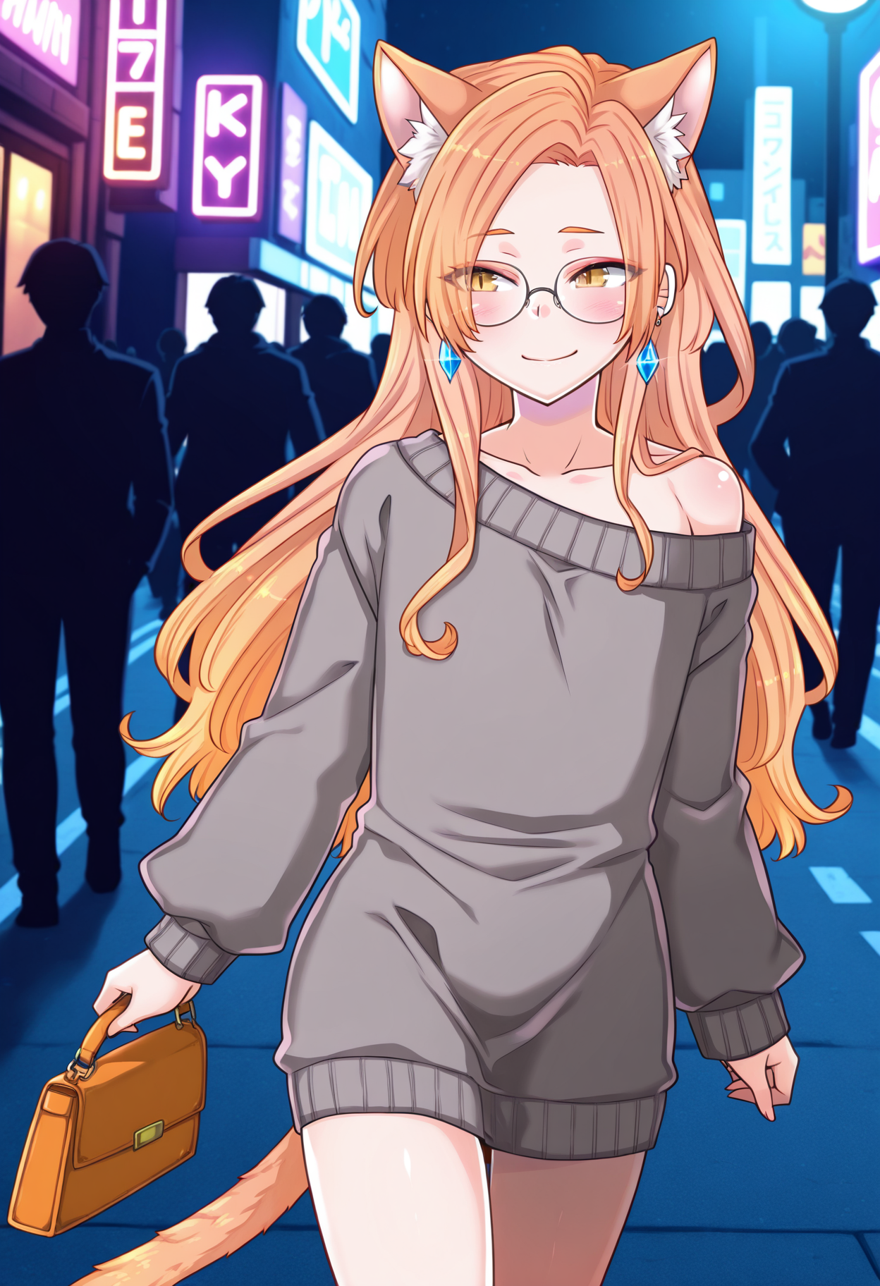 solo, 1boy, skinny, light orange cat ears, light orange cat tail, long hair, air_ bangs, (light orange hair), yellow eyes, slit pupils, round glasses,
night, street, moonlight, crowded, neon lights,
sweater dress, grey dress, off shoulder, holding handbag, makeup, earrings,
walking, smile,
cowboyshot,
<lora:KSNKIL-style:1>,ksnkstyle,masterpiece,best quality,amazing quality,perfect lighting,