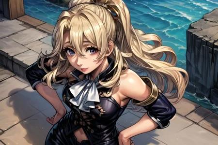 masterpiece, Lily Kokoschka , best quality, best quality, ultra-detailed, highres,sharp focus,(ultra detailed,extremely detailed), 1girl,(masterpiece, best quality), LilyKOKOSCHKA, 1girl, solo, long hair, small breasts, blonde hair, hair between eyes, uniform, ascot, wavy hair, eyes visible through hair, white ascot, riding pants, hungry clicker, Hands on Hips, From above