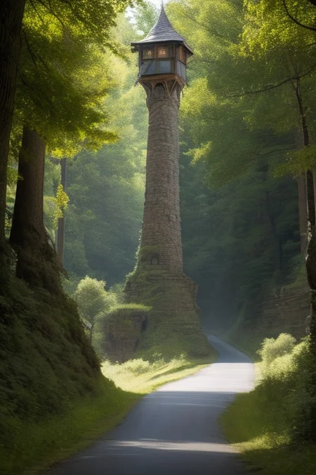 realistic analog photo, award winning photo, stone witow, no humans, scenery, blue sky, road, nature, outdoors, RAW, highres, 8k, uhd, High Dynamic Range, tonemapping, crisp details, portcullis,