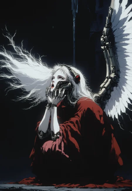 score_9, score_8_up, score_7_up, rating_questionable, D4rkR3troSc1f1, 1girl, g1rl, solo, kneeling, from side, looking up, (hands up, arms raised), head tilted, android body, exposed android joints, white hair, (mechaincal wings:1.2),open mouth, dark background, post-apocalyptic, cityscape