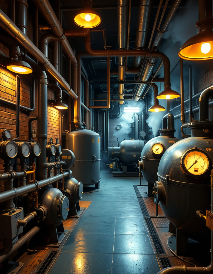 A highly detailed and realistic photograph of an industrial boiler room filled with large metal boilers, complex pipe systems, and pressure gauges. The room is dimly lit with a mix of warm yellow lighting from overhead industrial lamps and cool blue reflections from metallic surfaces. The air is slightly hazy with steam escaping from some of the pipes. The floor is made of reinforced concrete with visible stains from oil and water. Various control panels with blinking LED indicators and warning signs are mounted on the walls. The atmosphere is rugged and mechanical, evoking a sense of power and industrial efficiency. The depth of field is sharp, capturing intricate details such as rust on old pipes, the texture of the metal surfaces, and the labels on the control panels. The composition emphasizes symmetry, with pipes and machinery creating a structured, almost futuristic aesthetic. 
<lora:SDXLFaeTastic2400:0.4> <lora:extremely_detailed:0.4> extremely detailed,<lora:industrial_boiler_room:1>,industrial b01l3r r00m, Masterpiece,best quality,hi res,8k,hi res,8k,award winning,(sharp focus, intricate, highly detailed),