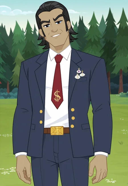 safe_pos, safe_pos, score_9, score_8_up, score_7_up, source_anime, rating_nsfw, ultra hd, absurdres, solo, 1boy, masterpiece, best quality, best aesthetic, Expressiveh, wolfconf,

MLPFilthyRich, red necktie, black hair, human, money bag pin, white shirt, jacket, formal, belt, pants, field, forest background