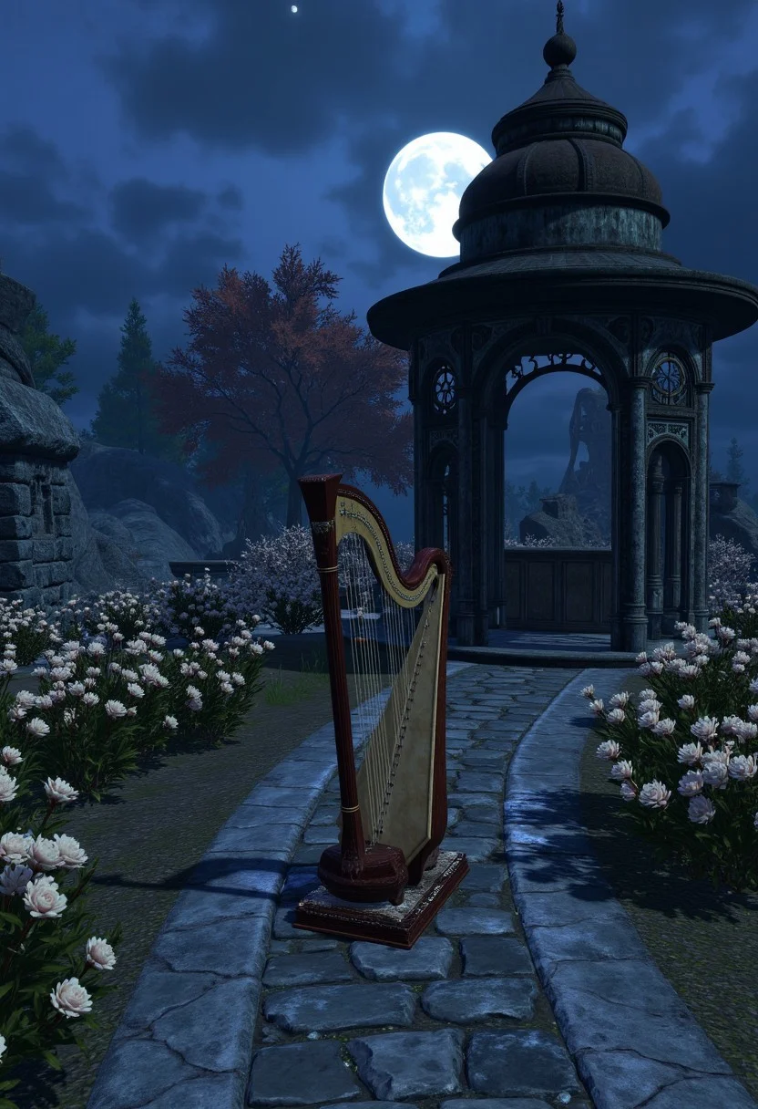 Tucked away in a valley blanketed by constant twilight, a garden of immense, nocturnal flowers stands behind wrought-iron gates. Paths of polished obsidian weave through carefully tended bushes that sway as though breathing. At the center, a weathered gazebo draped in pale roses houses a harp carved from the bones of an extinct beast. The harp’s strings emit enchanting melodies on their own, luring inquisitive souls into a dreaming trance among the luminous blooms.
, aidmabaldursgate3