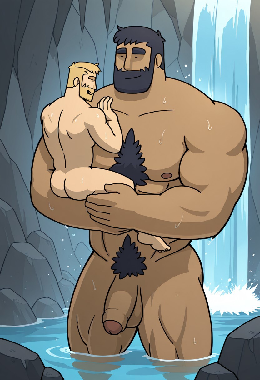 detailed background, detailed background, masterpiece, perfect quality, best quality, detailed, newest, very aesthetic, 
2men, 1man, wet, bathing, GiantLoydRMA, facial hair, short hair, chest hair, pubic hair, bara, nude, penis, pectorals, abs, muscular, BREAK, bigger, happy, hugging man, Break, (1 bara man, shaved, short blonde hair) hugging Giant Loyd)), happy BREAK cave, waterfall (weight difference:1.1), BREAK, View, dynamic, creative,