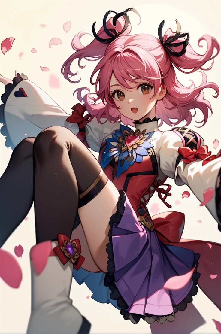 score_9, score_8_up, score_7_up, very aesthetic, source_anime, detailed, high quality, beautiful, masterpiece, detailed eyes,
<lora:lightXL:0.8>
simple background, blurry background, flower petals,
upper body, close up, dynamic angle,
dynamic pose, open mouth, casting spell,
<lora:cheria_autismConfetti_v03:0.95>
cheria barnes, pink hair, brown eyes, twintails, two side up, medium hair,
thighhighs, brooch, long sleeves, puffy sleeves, purple skirt, jewelry, black thighhighs, white footwear, (wide sleeves:0.7), pleated skirt, laces,, zPDXL