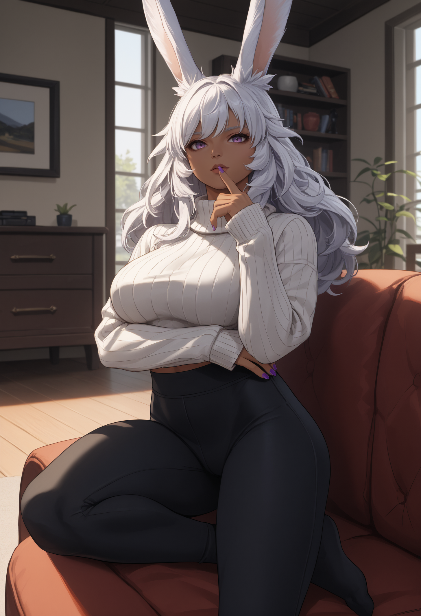 score_9, score_8_up, score_7_up, 1girl, LynaFF, dark-skinned female, animal ears, purple eyes, white hair, long hair, large breasts, toned, 
white sweater, cropped sweater, black yoga pants, purple nails, 
looking at viewer, lounging, sofa, finger to mouth, from side, arm under breasts, 
indoors, living room, 
<lora:LynaPDXL_V1-Manityro-CAME:1.0>,