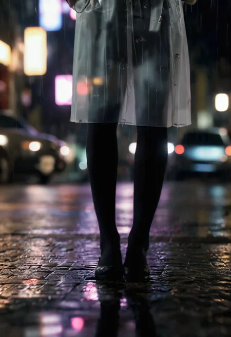 in a city at night, rain, artificial light, puddles