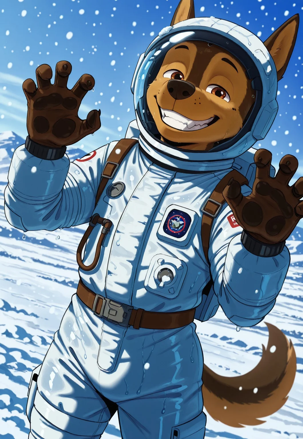 masterpiece, best quality, amazing quality, very aesthetic, absurdres, newest, high quality, detailed, high quality, detailed, solo male, yamathegod, Chase, german shepherd, dog boy, brown fur, brown eyes, tail, furry, anthro, 1boy, furry,
expressive cute happy face, closed eyes,
looking at viewer, wide smile, grin, teeth, shiny skin,
wet, claw pose, astronaut cosplay, space suit, cowboy
shot, day outdoors snow, snowing, surreal, symbolic
background, shadow, foreshortening, dutch angle,
dynamic angle, dynamic action, atmospheric
perspective, cinematic, intricately detailed illustration,
depth of field