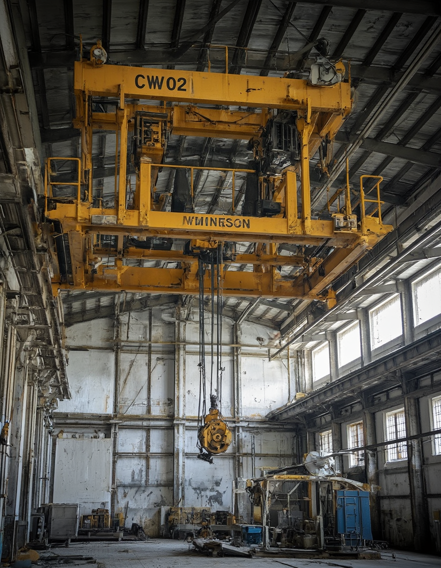 <lora:CW02_Lost_indusin:1> photo, cw02lost, indoors, warehouse, industrial, crane, yellow, capacity sign, steel beams, grunge, rust, factory, mechanical, lift system, high ceiling, structure, engineering, girders, abandoned, metal, pulley, framework, large windows